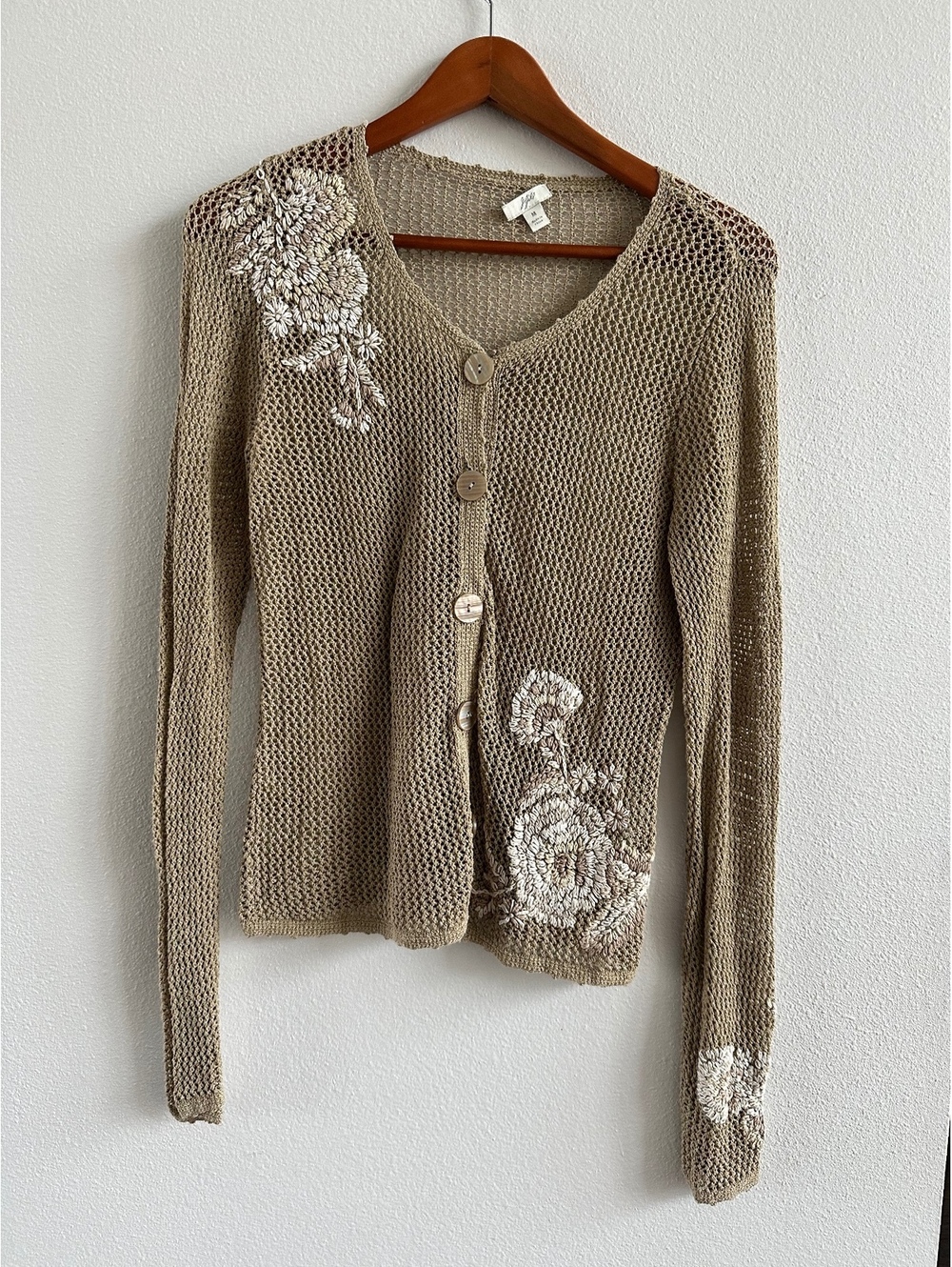 J. JILL tan brown linen blend crochet knit floral embroidered cardigan sweater